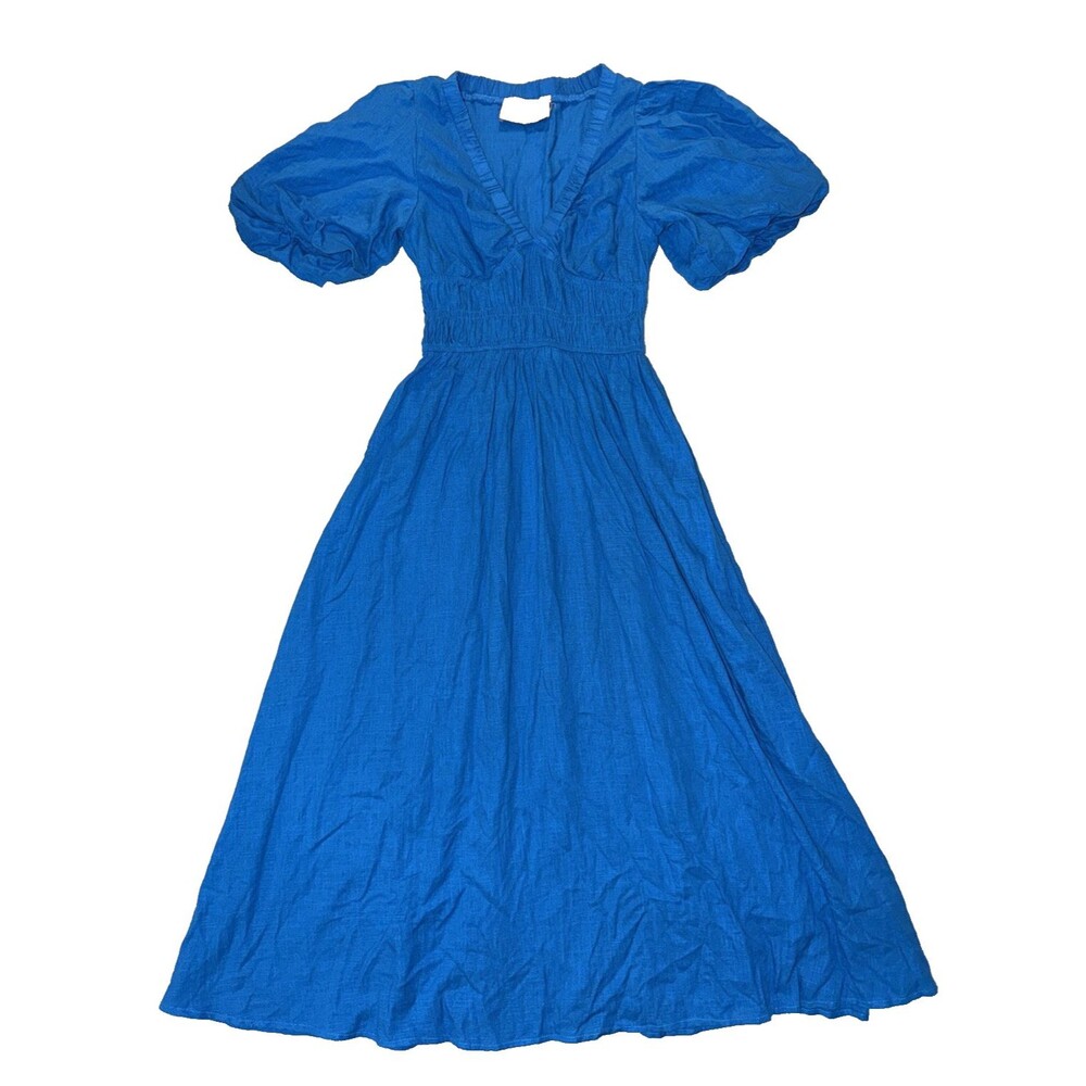 White Closet Elements Maxi Linen Dress Size XS V-Neck Blue Boho Country Smocked